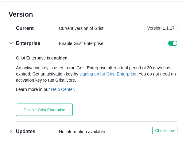 Enterprise toggle on the admin panel